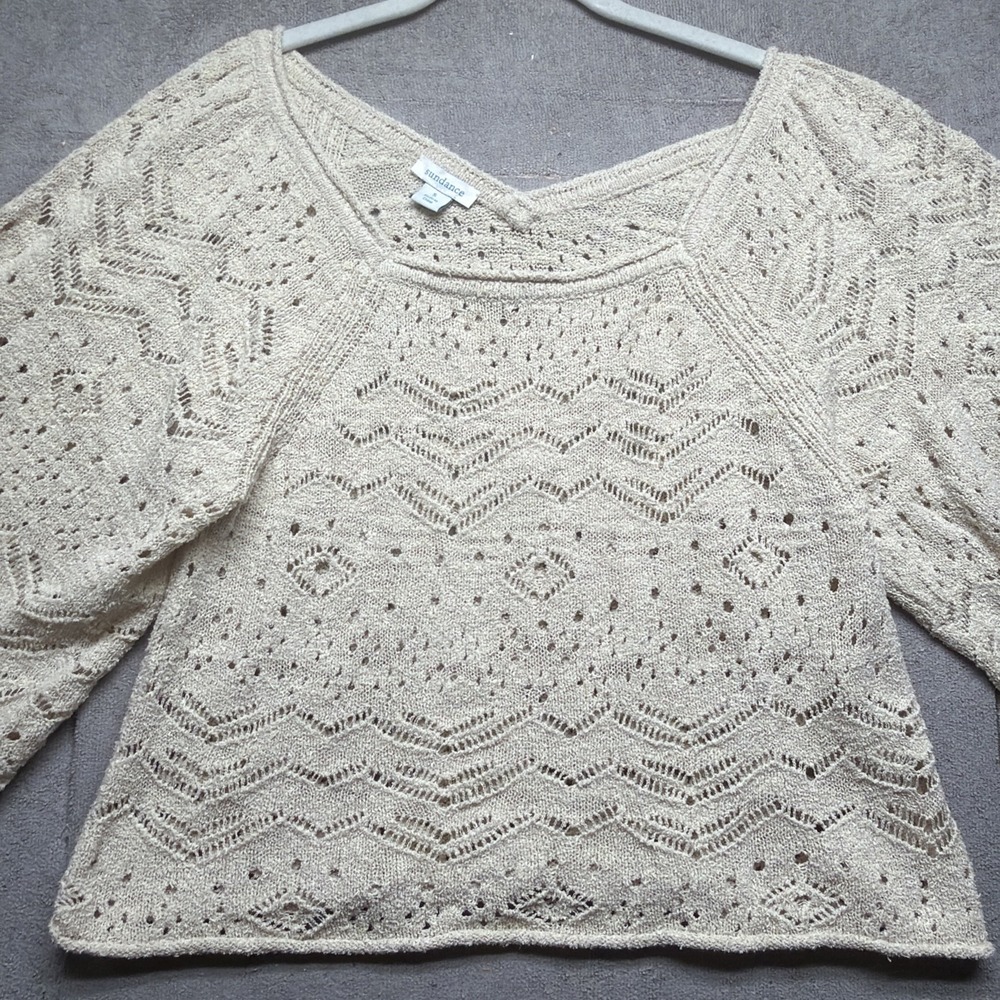Sundance Crochet Knit Sweater Top Beige Short Sleeve Boho Womens Small